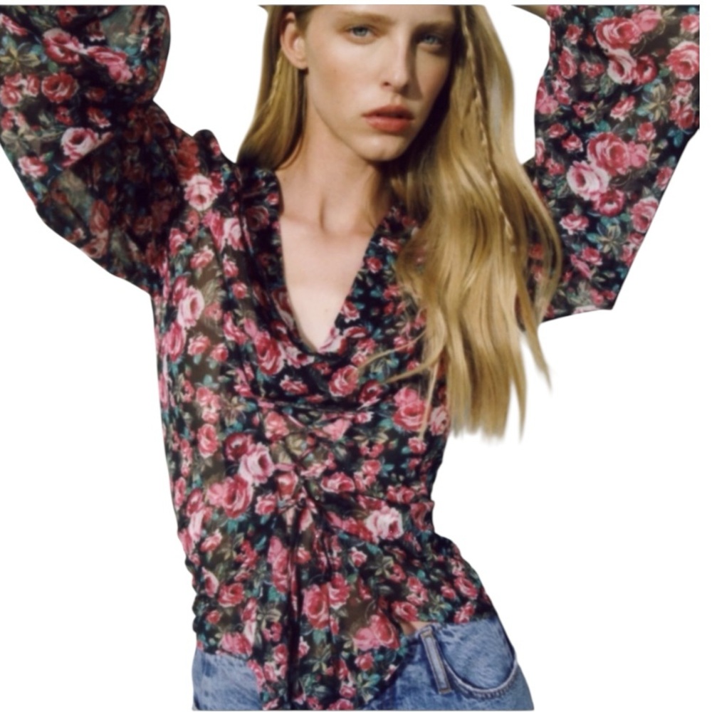 Zara Floral Sheer Corset Tie Ruched Blouse Long Sleeve Size S NWT Cottagecore - Picture 4 of 8